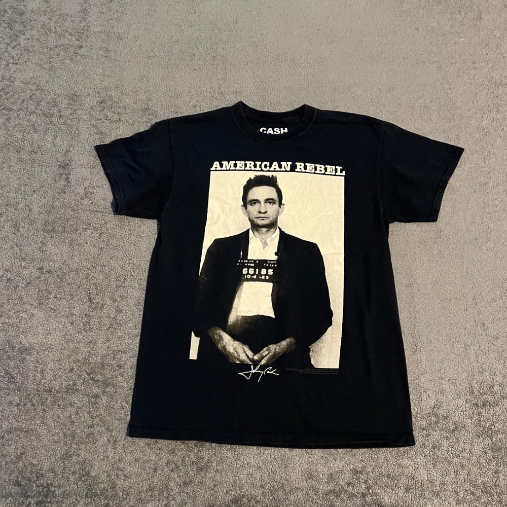 Y2K Johnny Cash American Rebel Mugshot Graphic Shirt Black Mens Small